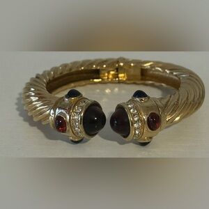 Ciner Vintage Gold-Tone Open Cuff Bracelet with Garnet and Blue Cabochons